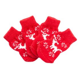 4 Pcs Christmas Red Elk Dog Knitted Pet Socks Cartoon Cute Puppy Socks Dog Foot Covers Poodle Teddy Socks